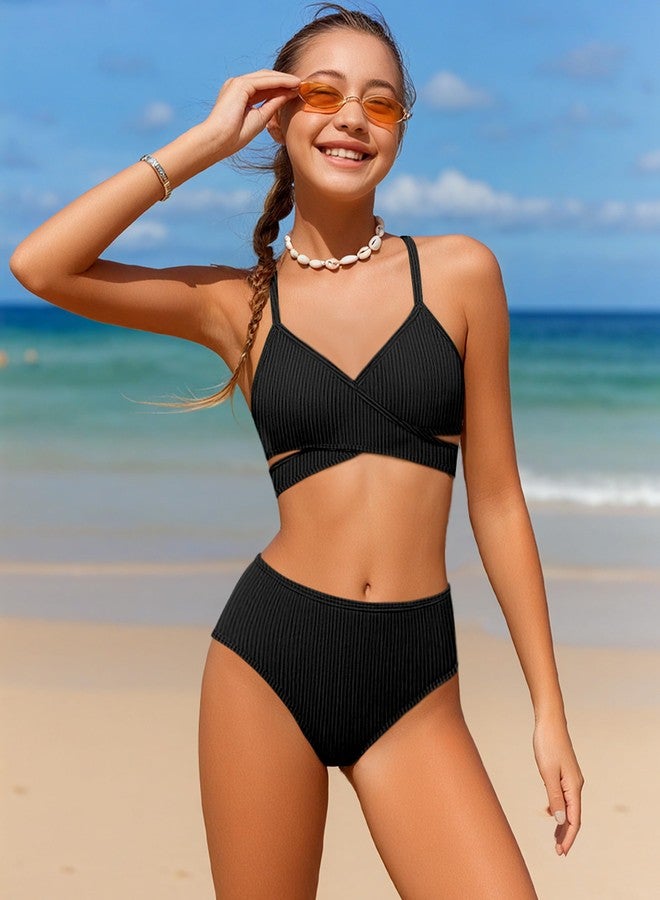 Aulyffo Girls Bathing Suit Size 10-12 Girl Swimsuit Two Piece Criss Cross Bikini V-Neck Adjustable Shoulder Straps Girls Swimwear Black - Image 2